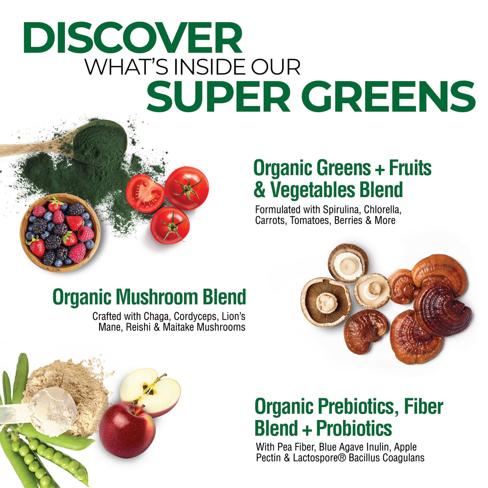 Country Farms Super Greens packaging showcases 50 organic superfoods blend.