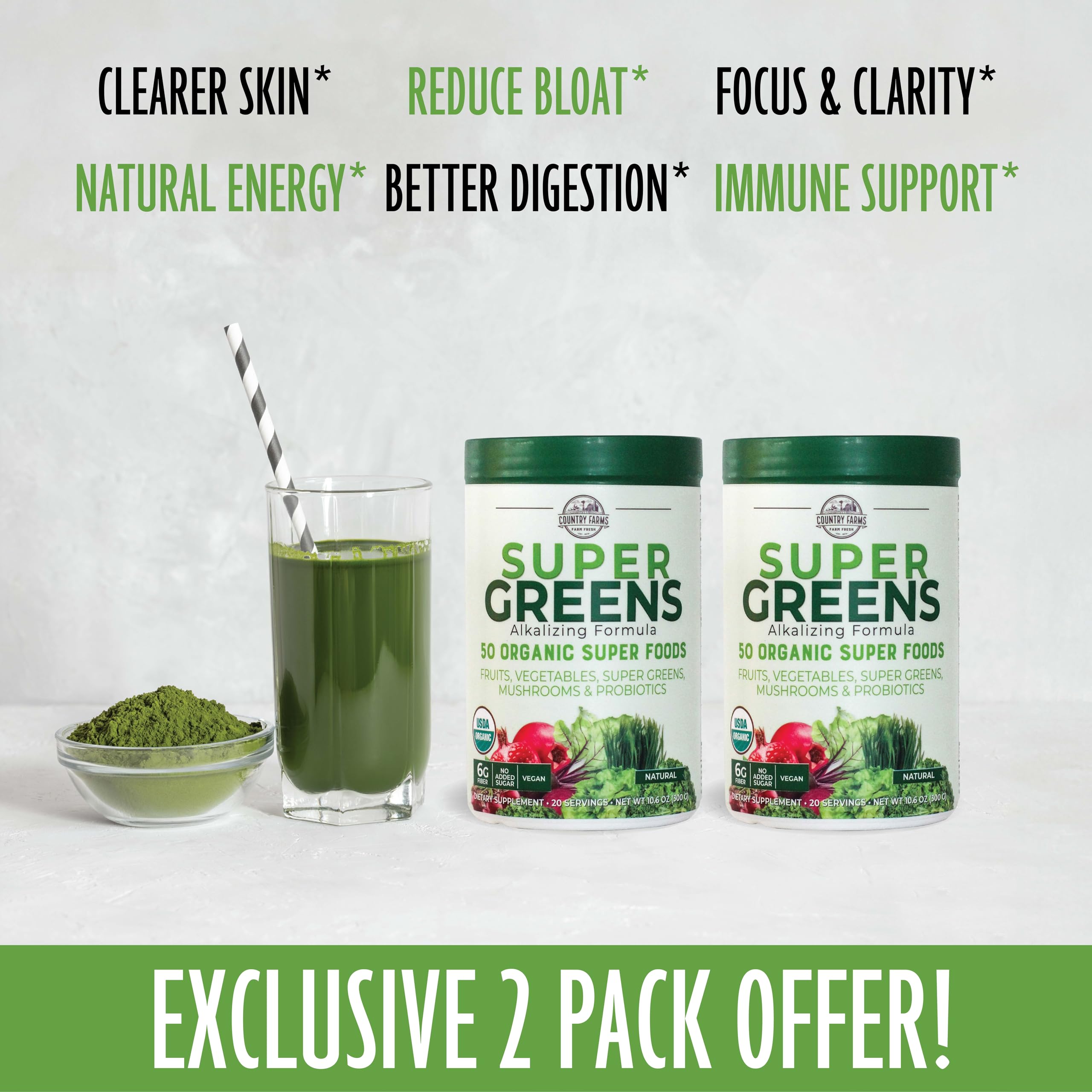 Country Farms Super Greens powder dissolving in water for a refreshing drink.
