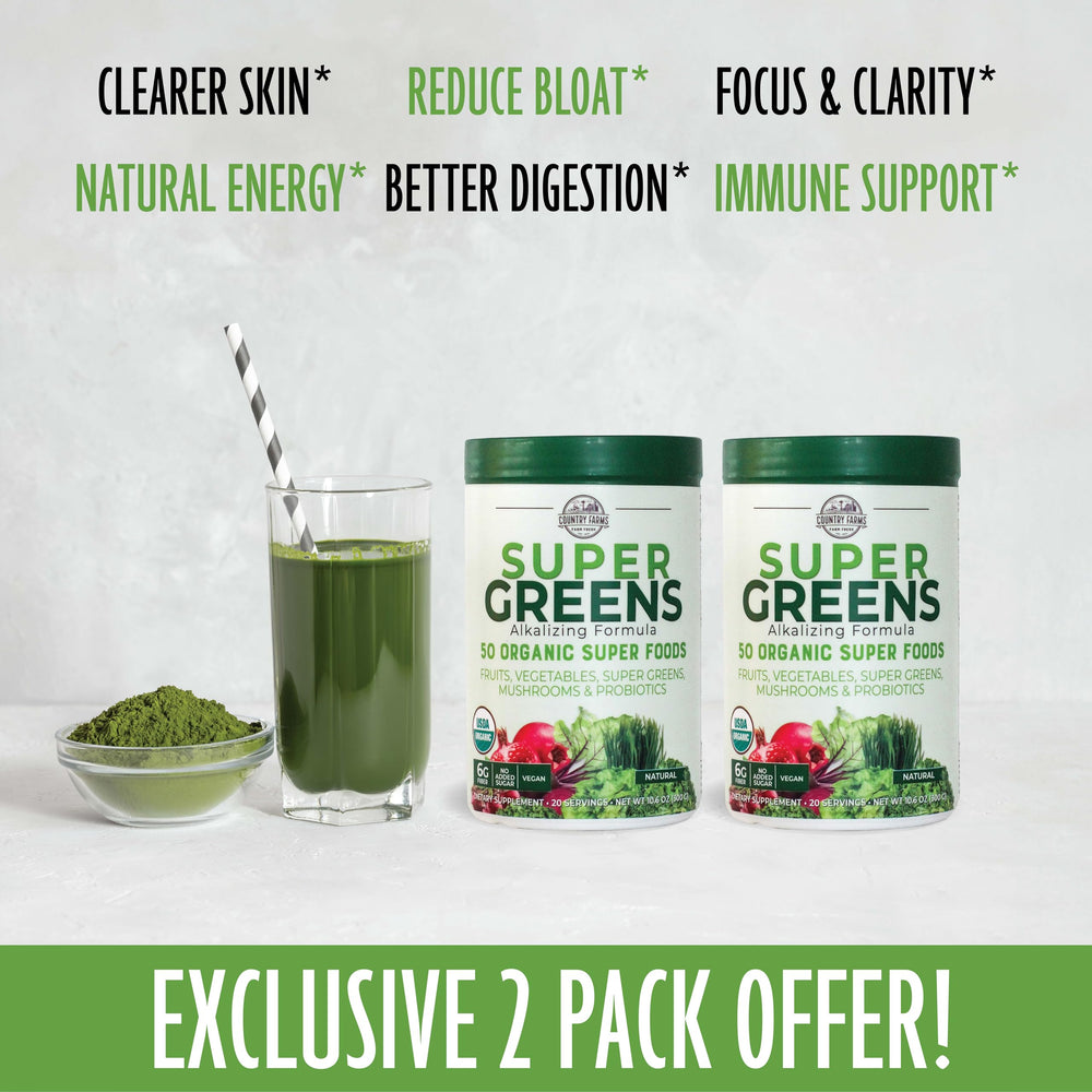 Country Farms Super Greens powder dissolving in water for a refreshing drink.