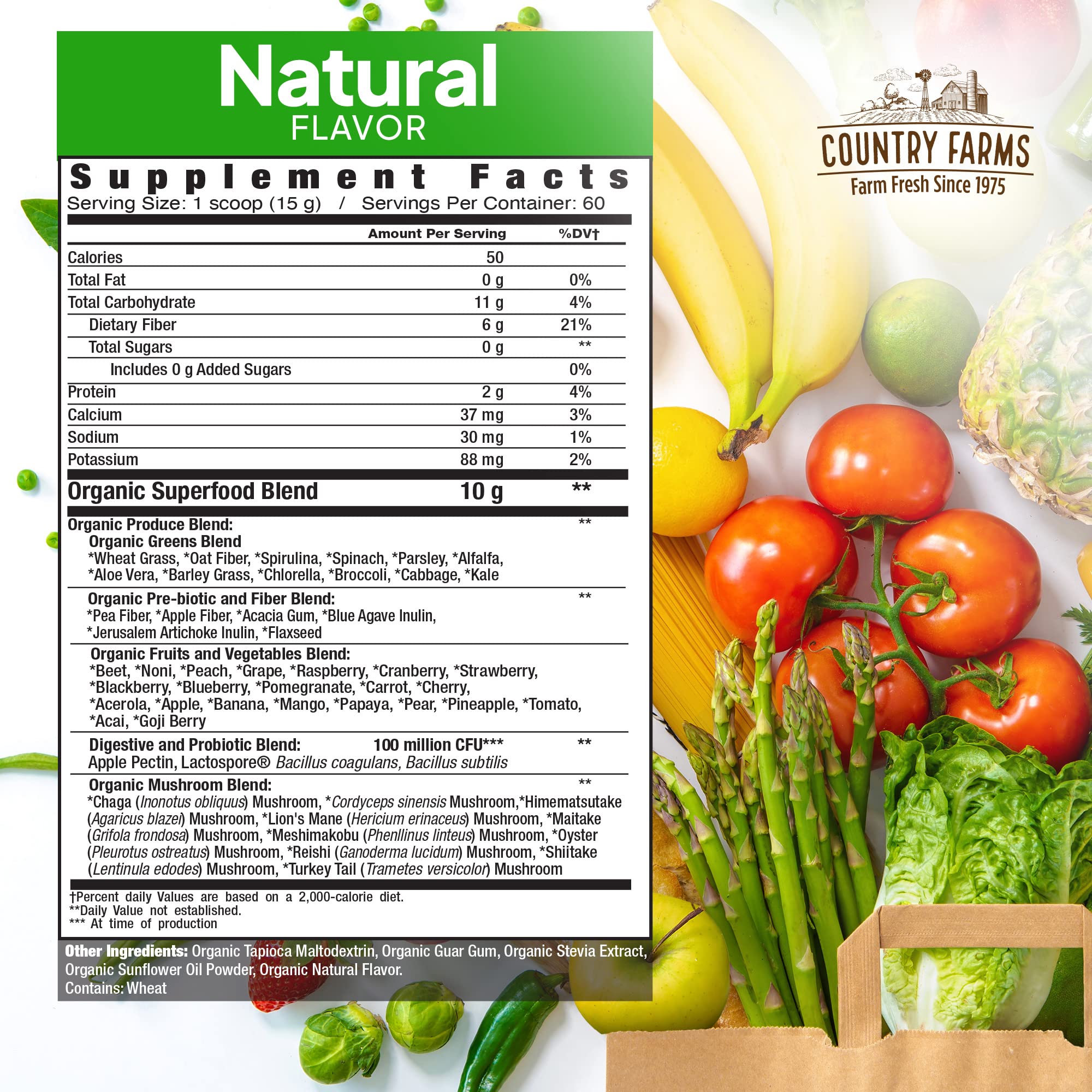 Country Farms Super Greens probiotics highlight gut health and digestion support.