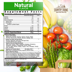 Country Farms Super Greens probiotics highlight gut health and digestion support.