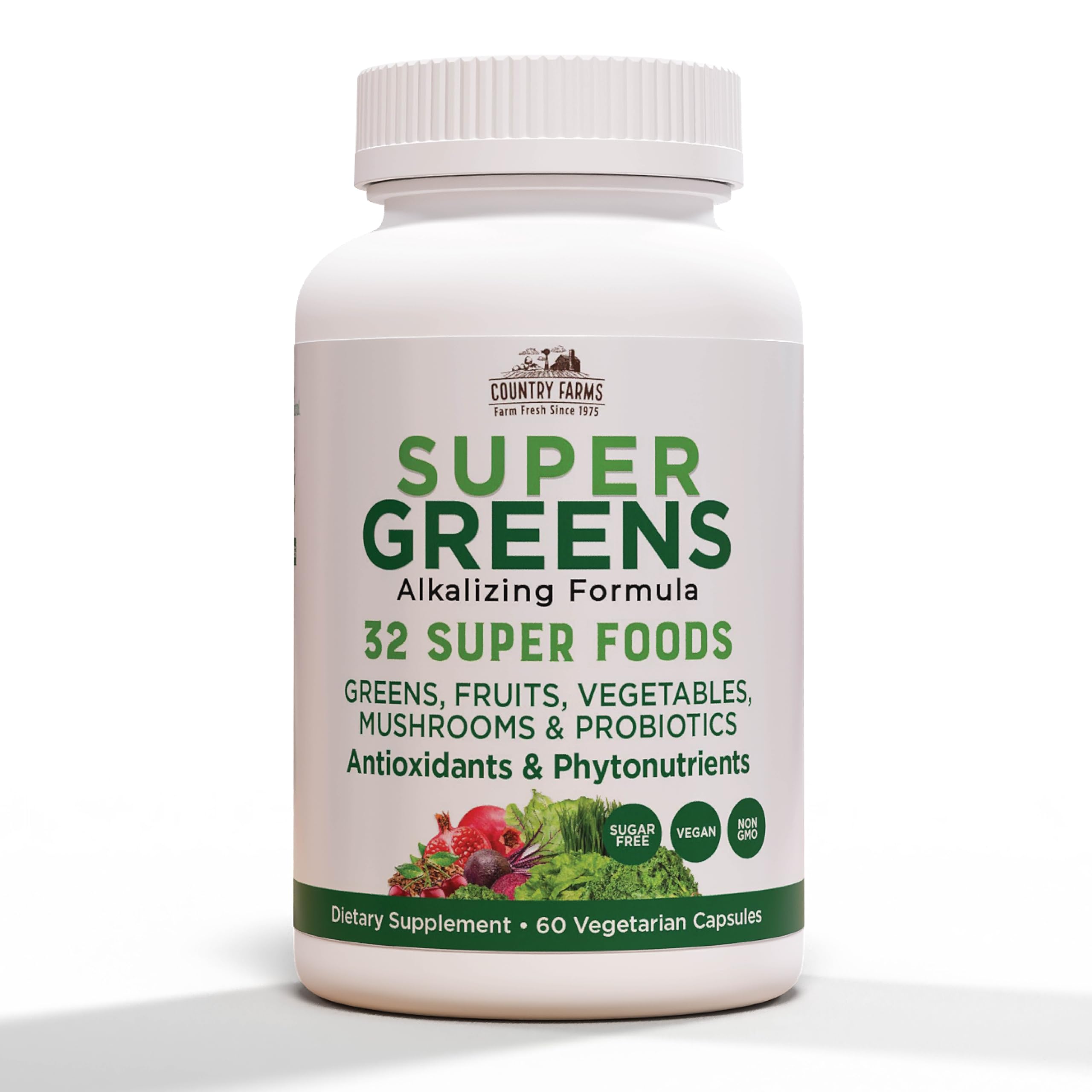 Country Farms Super Greens Vegicaps bottle showing 120 capsules for convenient daily nutrition