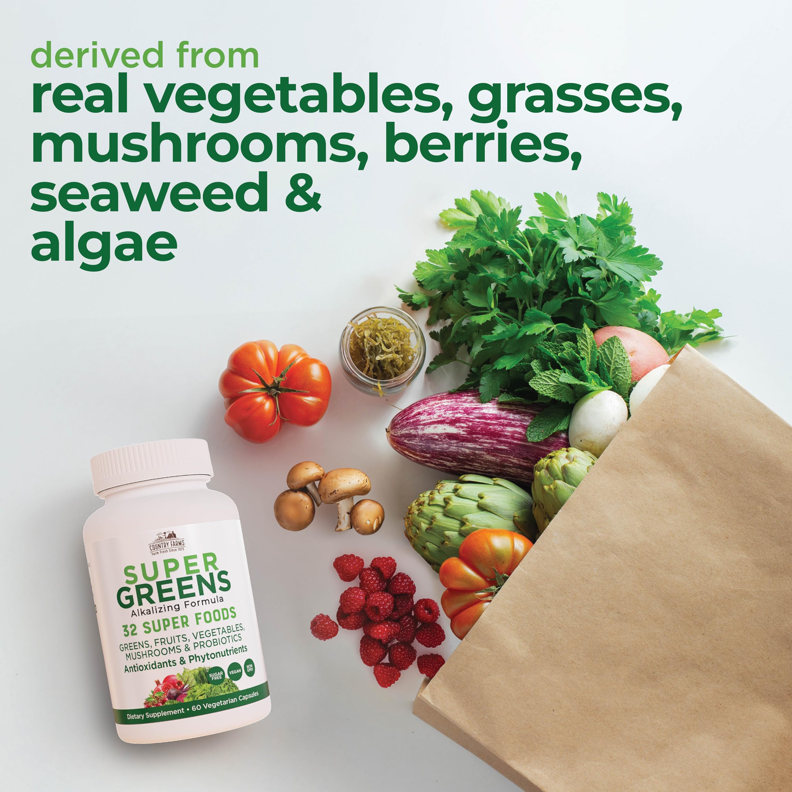 Country Farms Super Greens Vegicaps label close-up reveals clean ingredients