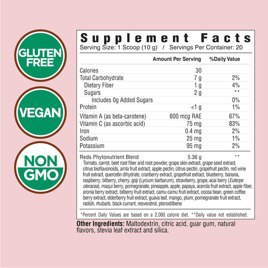 Country Farms Super Reds powder with scoop demonstrating simple daily serving for energy