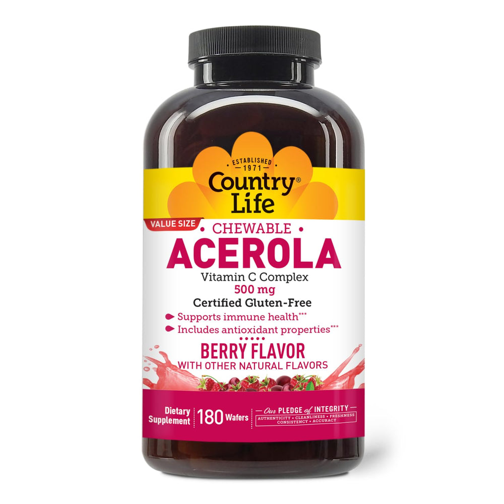 Country Life Acerola Vitamin C Complex bottle showing berry-flavored wafers ideal for daily immune support