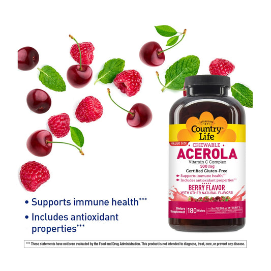 Country Life Acerola Vitamin C Complex wafers close-up highlighting tasty berry flavor and chewable format