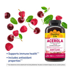 Country Life Acerola Vitamin C Complex wafers close-up highlighting tasty berry flavor and chewable format