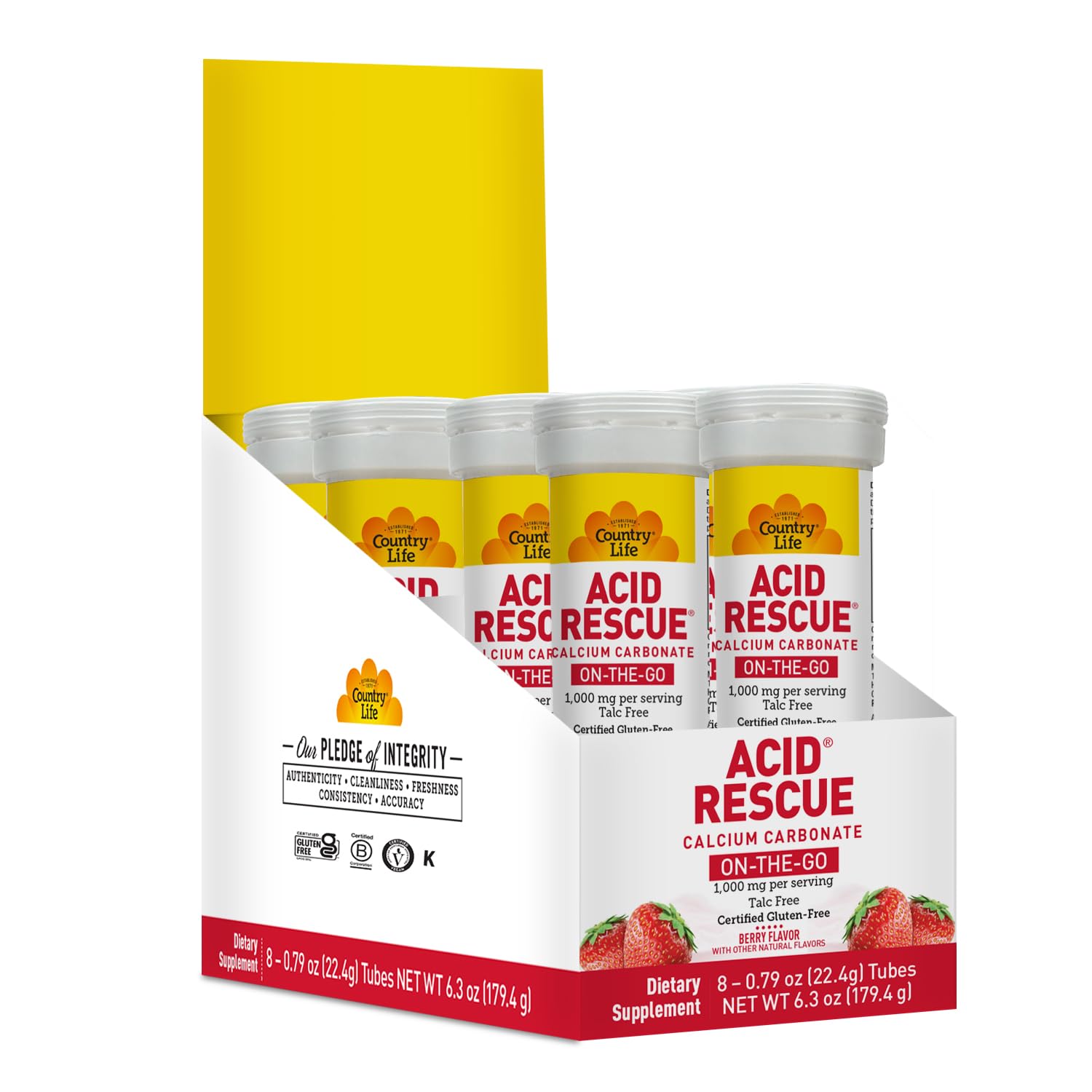 Country Life Acid Rescue on-the-go tube of chewables for quick heartburn relief.