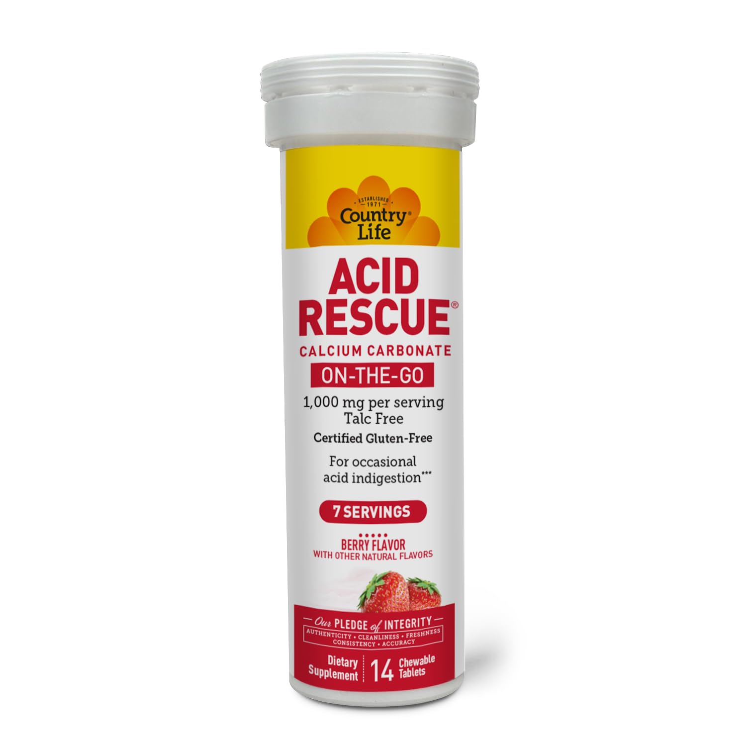 Country Life Acid Rescue vegan, gluten-free, non-GMO tablets offer clean nutrition.