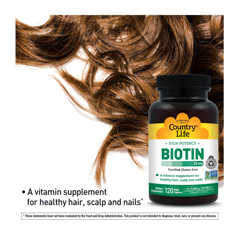 Country Life biotin 10mg ingredients panel showing potency and vegan source