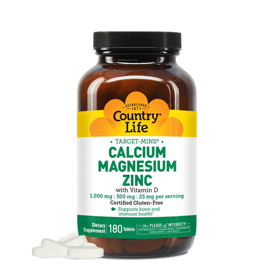 Country Life calcium magnesium zinc tablets bottle for daily bone support.