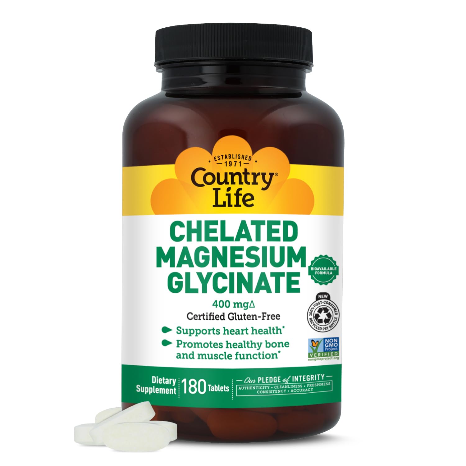 Country Life magnesium glycinate bottle for muscle support potential