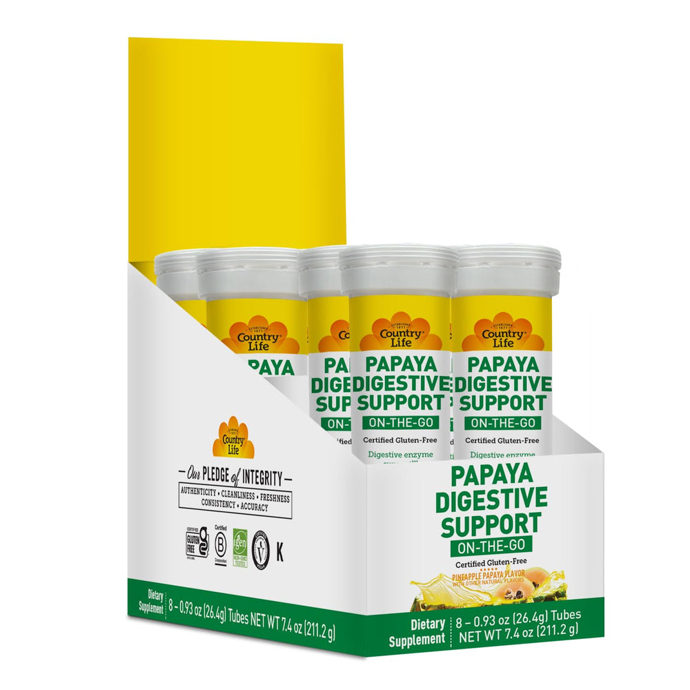 Country Life packaging for chewable papaya enzymes supports on-the-go digestion.