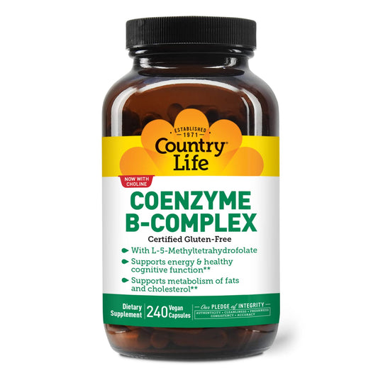 Country Life Coenzyme B-Complex capsules closeup highlighting tasteless, odorless capsules for easy use.