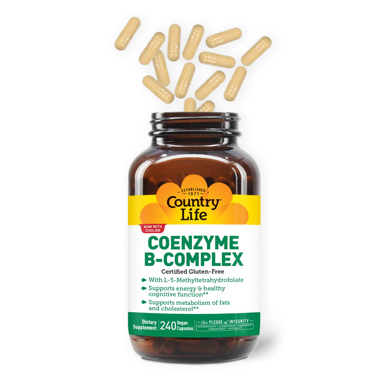 Country Life Coenzyme B-Complex lab testing seal communicates quality and safety.