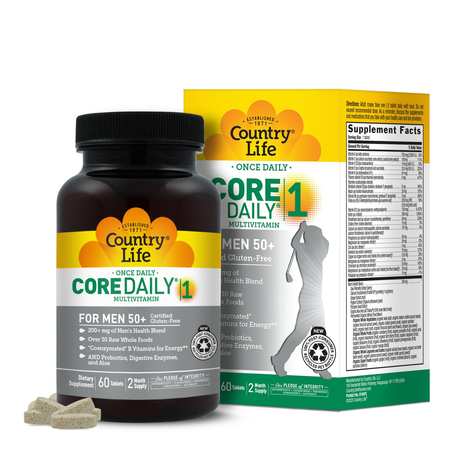 Country Life CORE Daily-1 for men 50+ front label highlights gluten-free formula