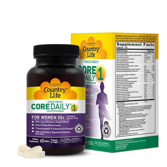 Country Life CORE Daily-1 for Women 50+ bottle front signaling a complete daily multivitamin for mature wellness.