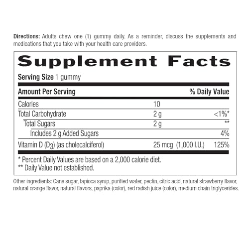 Country Life Strawberry and Orange D3 Gummies label closeup showing nutrition details