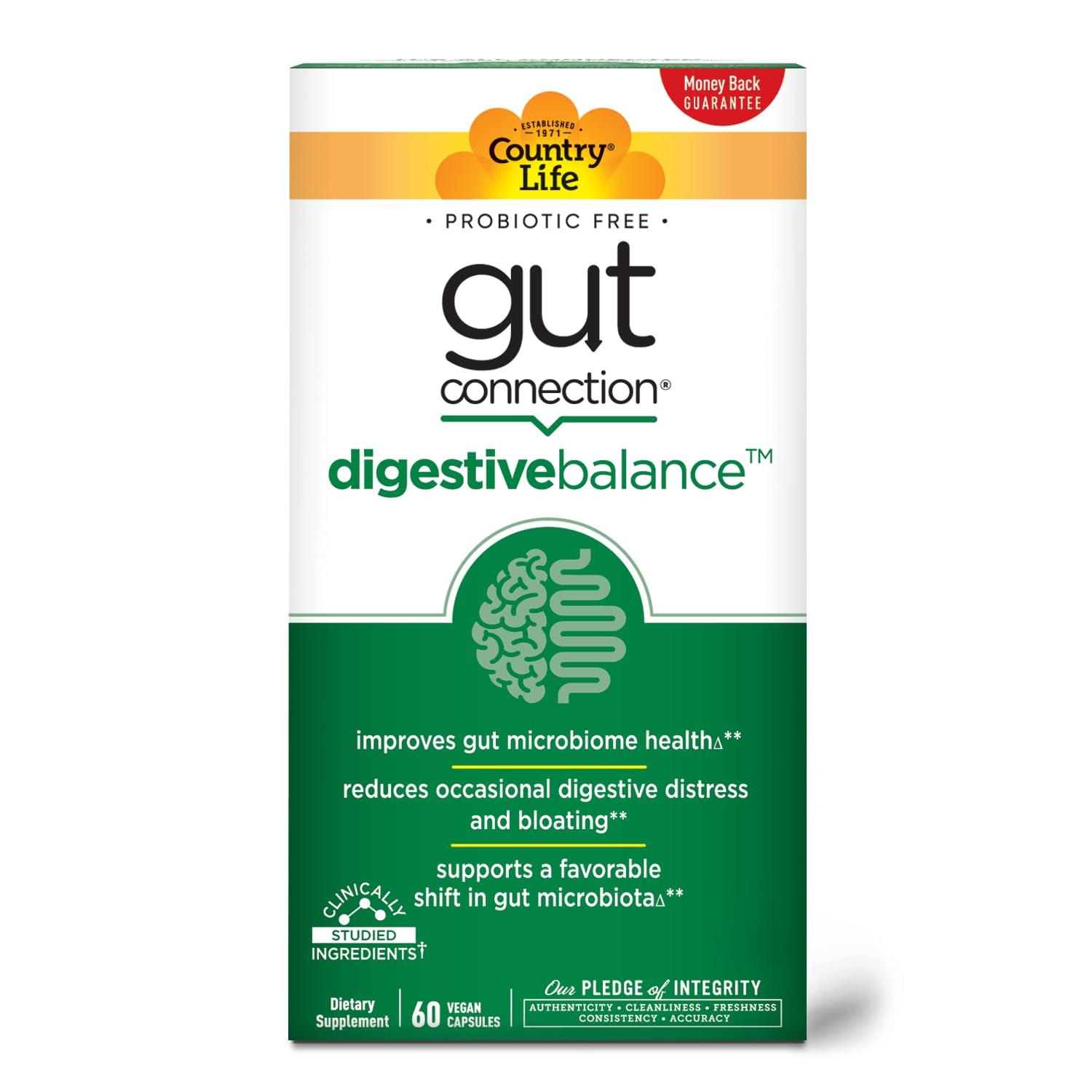 Country Life Gut Connection Digestive Balance bottle with label highlighting prebiotic complex.