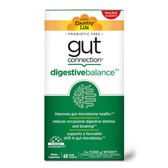 Country Life Gut Connection Digestive Balance bottle with label highlighting prebiotic complex.