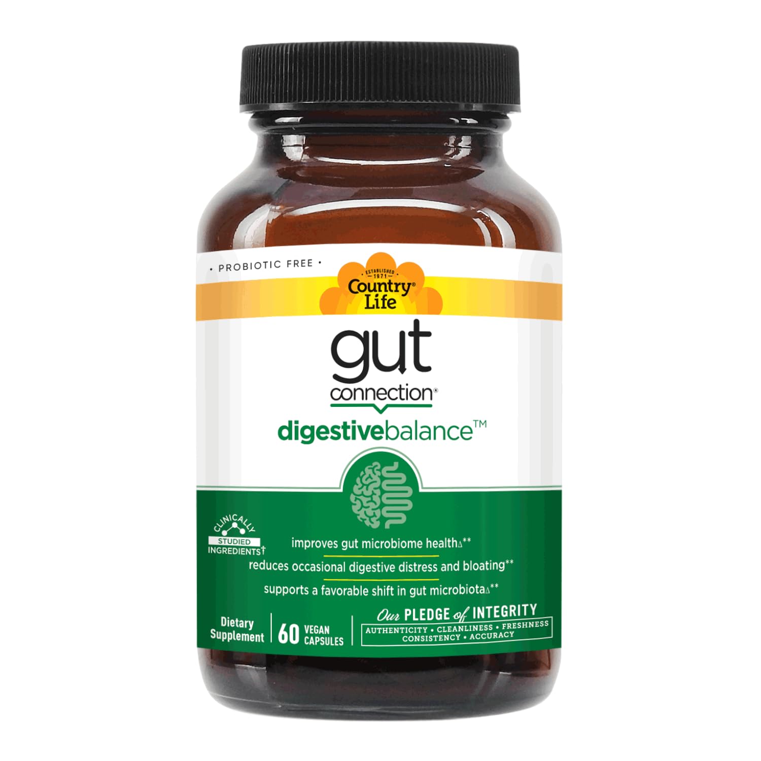 Country Life Gut Connection NSF Non-GMO verification seal displayed.