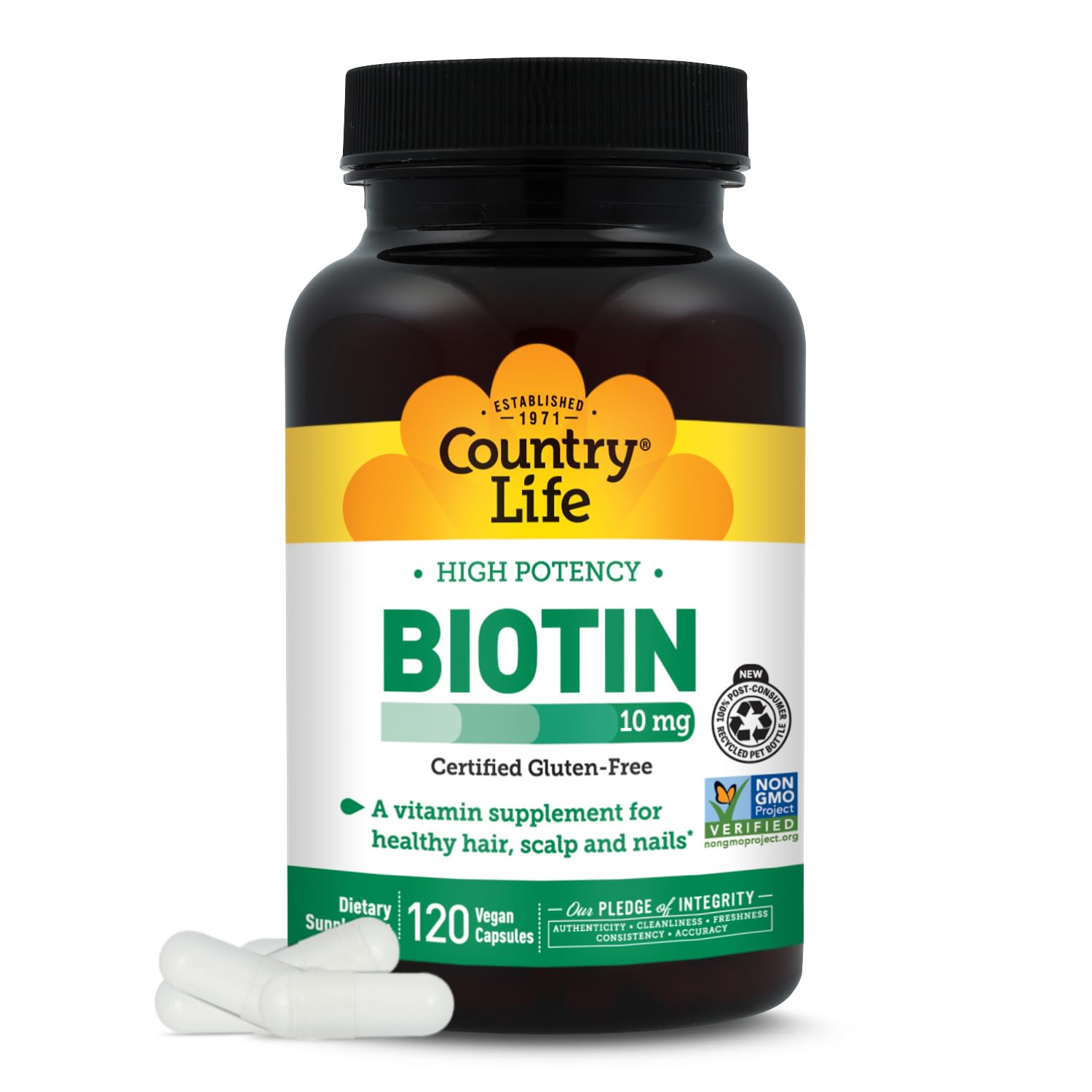 Country Life high-potency biotin 10mg bottle close-up for daily beauty support