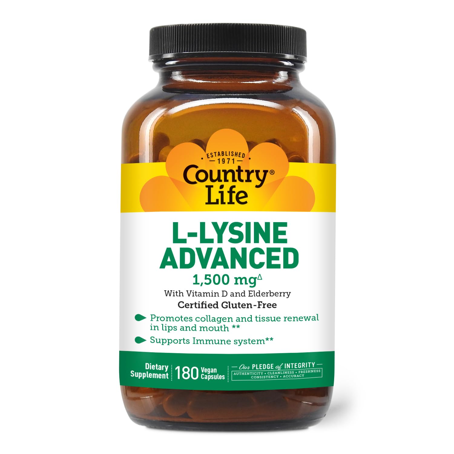 Country Life L-Lysine 1500mg bottle with clear label highlighting vegan gluten-free formula