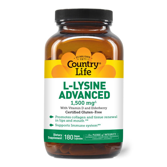 Country Life L-Lysine 1500mg bottle with clear label highlighting vegan gluten-free formula