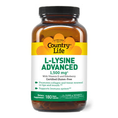 Country Life L-Lysine 1500mg bottle with clear label highlighting vegan gluten-free formula