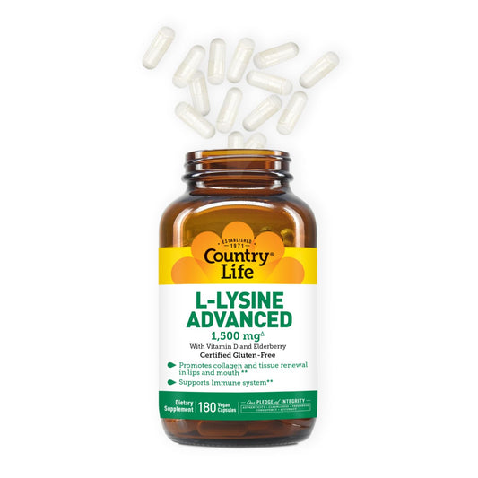 Country Life L-Lysine 1500mg capsules close-up emphasizing easy daily dose