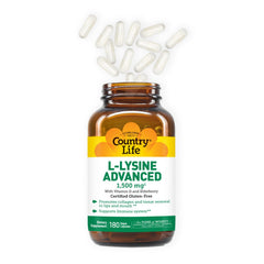 Country Life L-Lysine 1500mg capsules close-up emphasizing easy daily dose