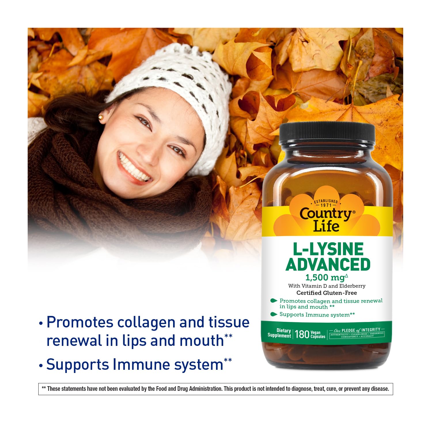 Country Life L-Lysine 1500mg daily dosing concept with three capsules per day