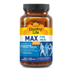 Country Life Max for Men bottle-front showing iron-free multivitamins for daily energy.