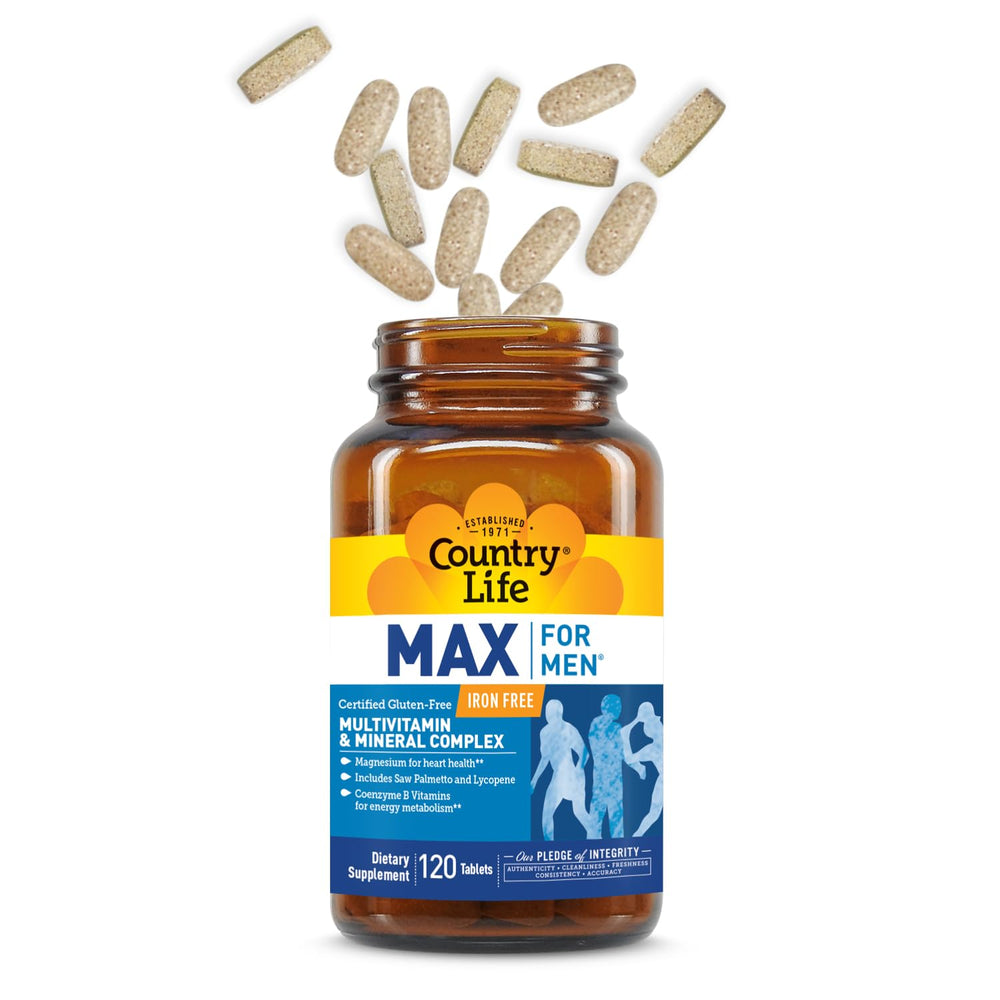 Country Life Max for Men dosing-graphic illustrating two-tablet daily regimen.