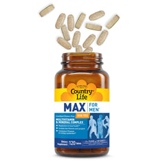Country Life Max for Men dosing-graphic illustrating two-tablet daily regimen.