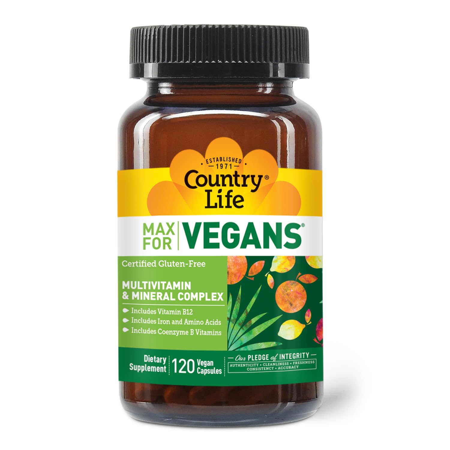 Country Life Max for Vegans capsules closeup highlighting vegan capsules for energy and immune balance