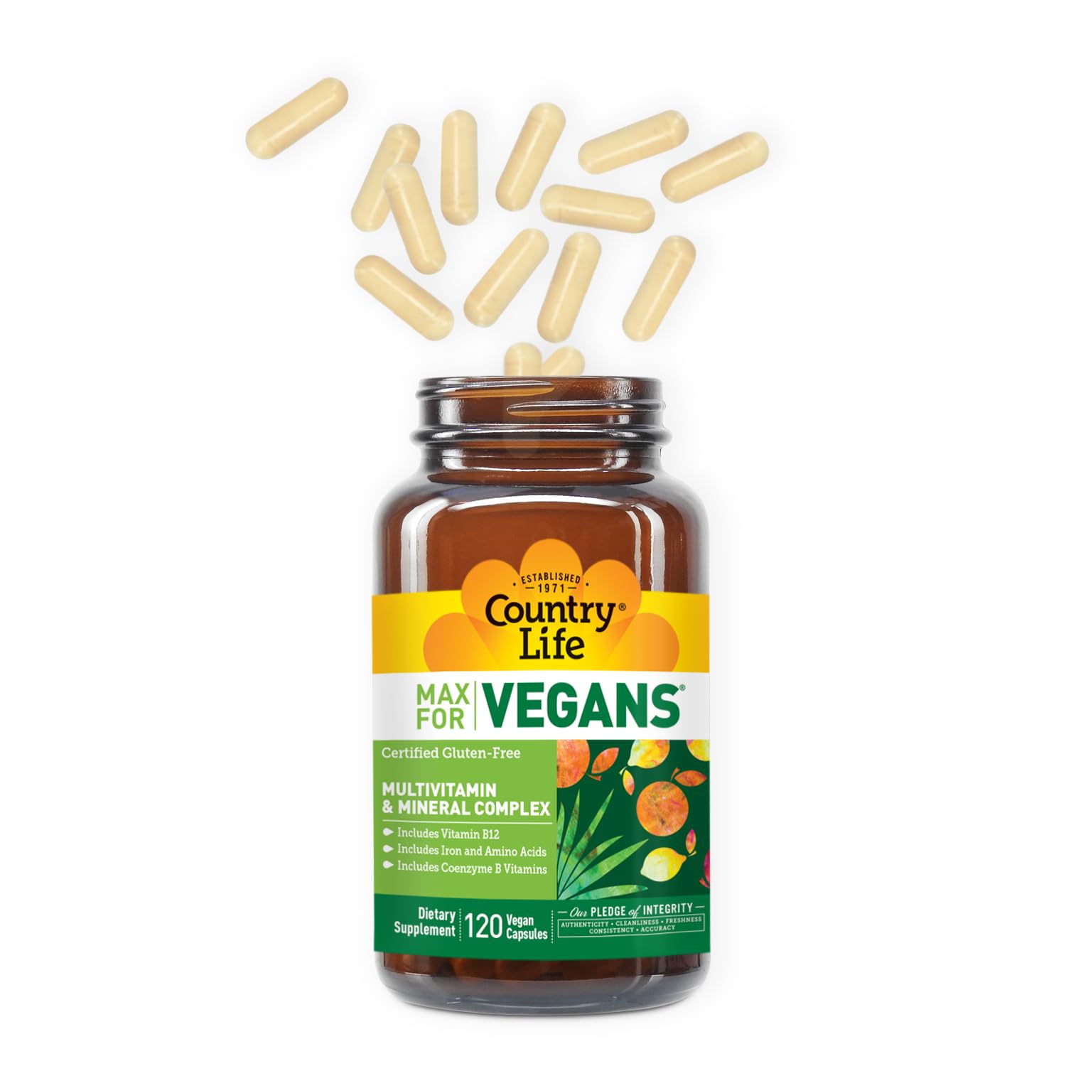 Country Life Max for Vegans label detail emphasizing B12, iron, and coenzyme B vitamins