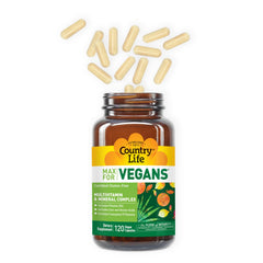 Country Life Max for Vegans label detail emphasizing B12, iron, and coenzyme B vitamins