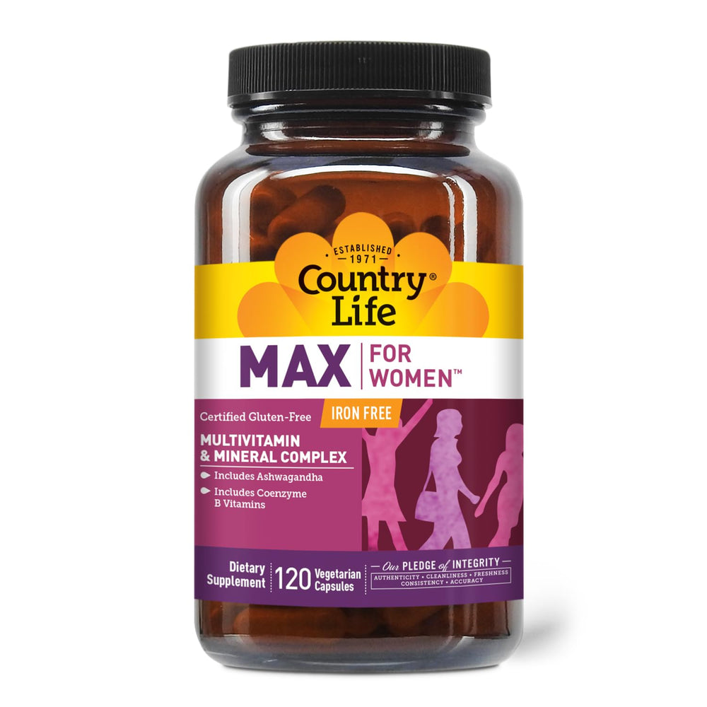 Country Life Max for Women bottle closeup with vegan capsules for daily energy support.