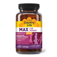 Country Life Max for Women bottle closeup with vegan capsules for daily energy support.