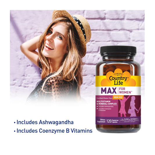 Country Life Max for Women capsules packaging highlighting iron-free formula.