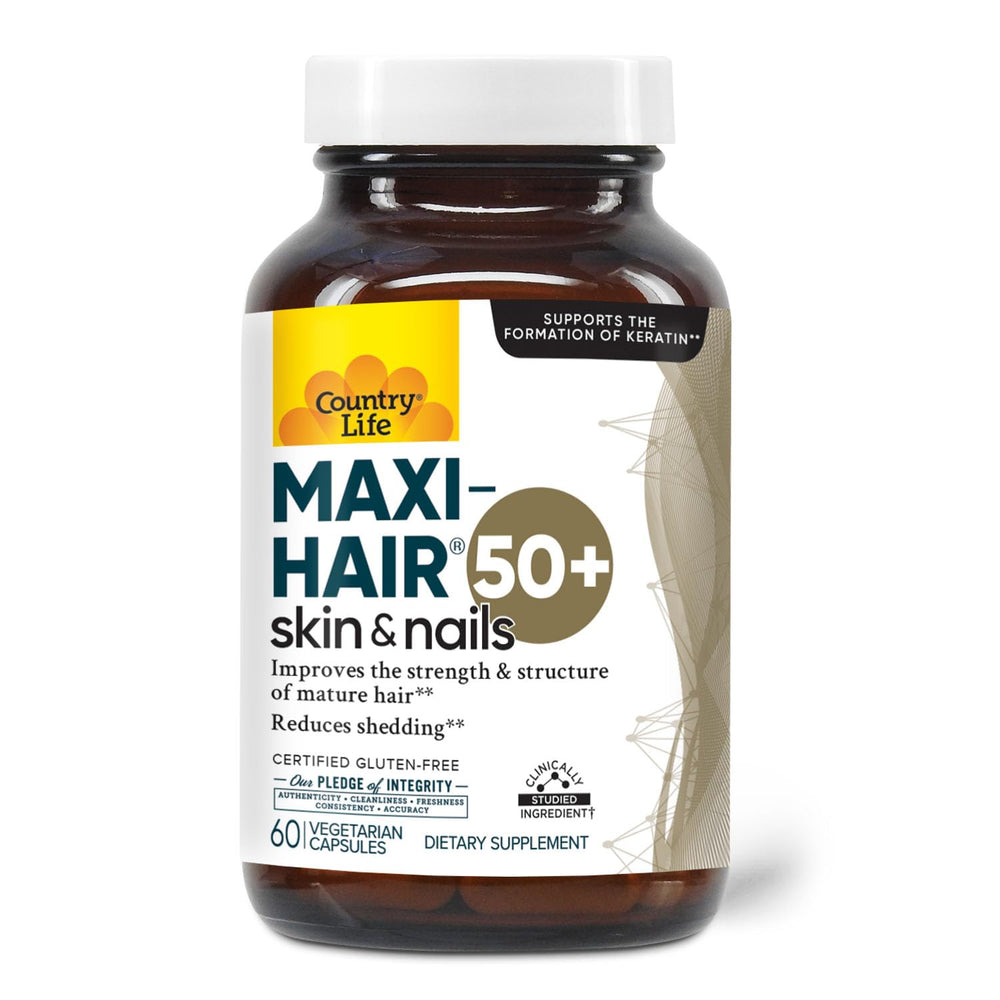 Country Life Maxi-Hair 50+ bottle showing gluten-free hair support formula.