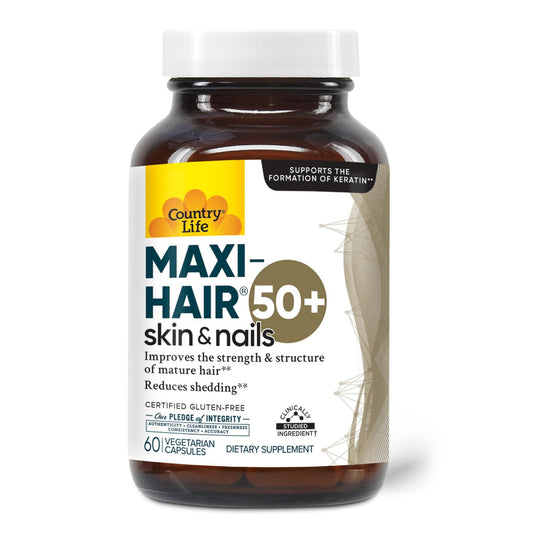 Country Life Maxi-Hair 50+ bottle showing gluten-free hair support formula.