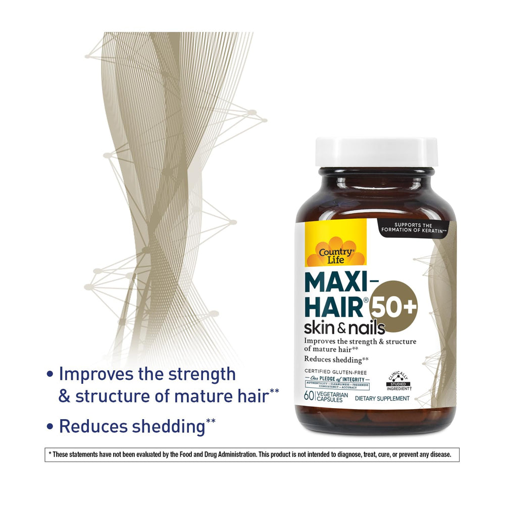 Close-up of Maxi-Hair 50+ capsules highlighting daily hair health support.