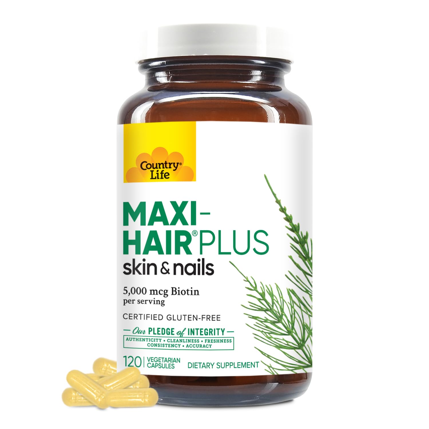 Country Life Maxi-Hair Plus Biotin bottle closeup for beauty support