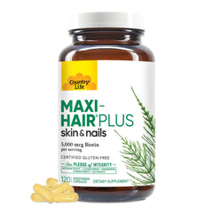 Country Life Maxi-Hair Plus Biotin bottle closeup for beauty support