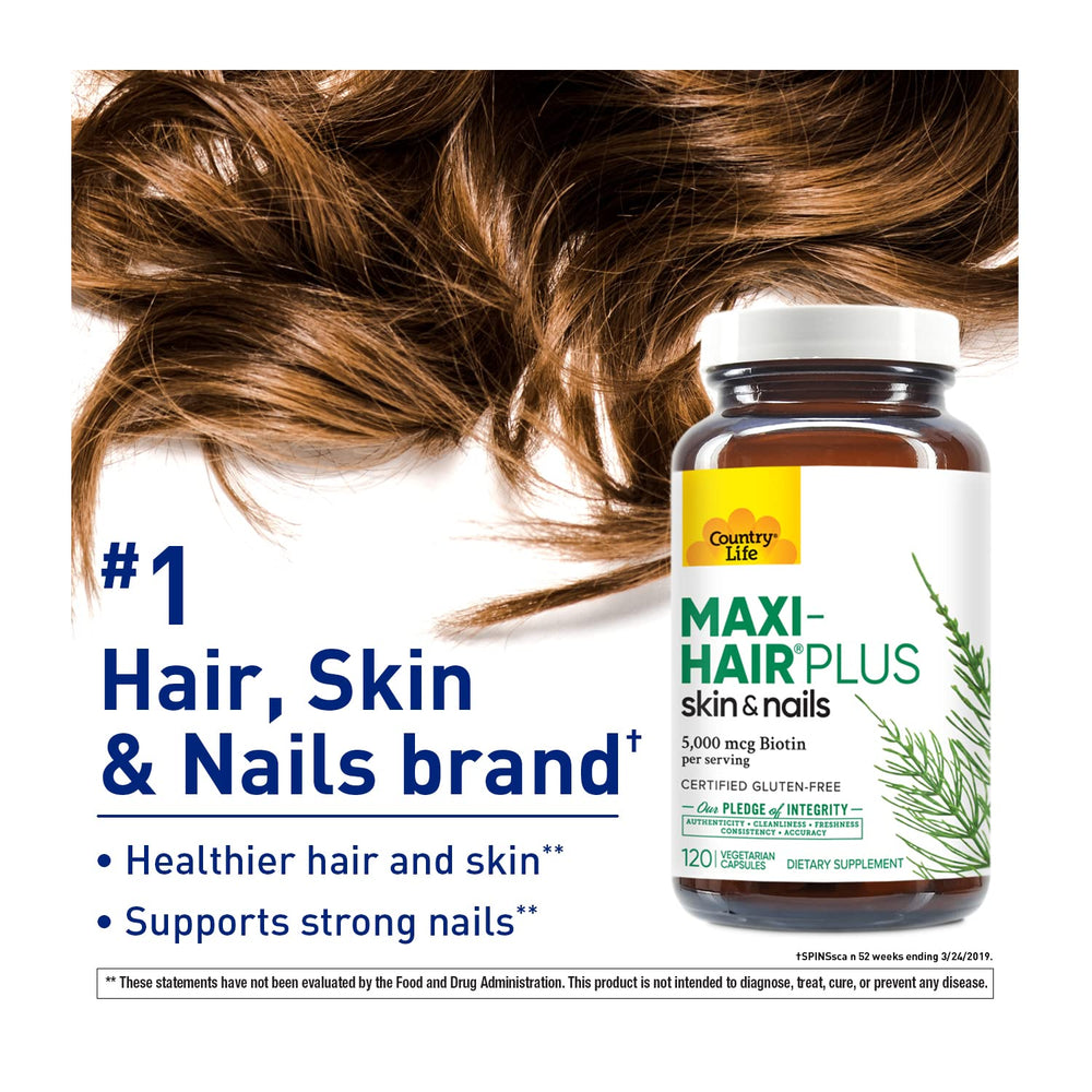 Country Life Maxi-Hair Plus Biotin capsules in hand for daily hair wellness