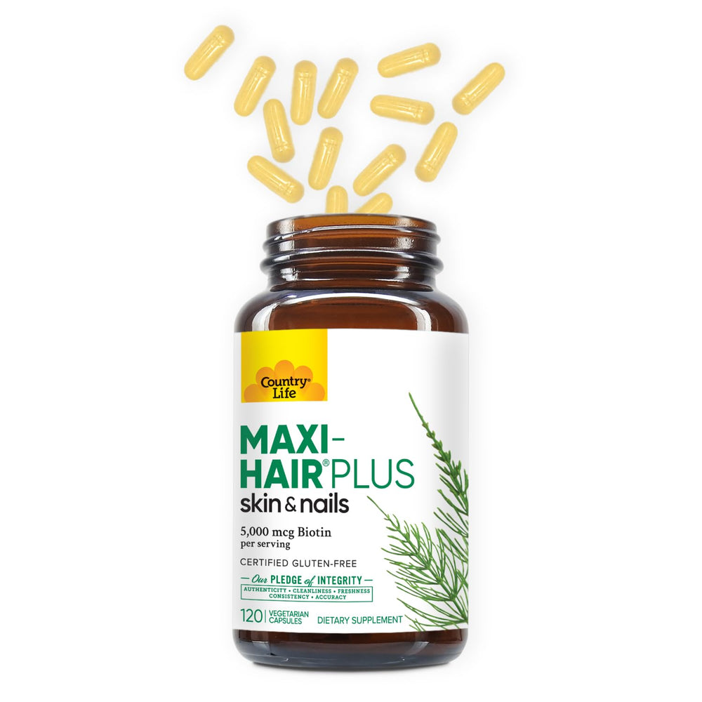 Country Life Maxi-Hair Plus Biotin bottle on a kitchen counter ready for daily use