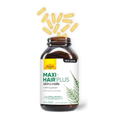 Country Life Maxi-Hair Plus Biotin label close-up highlighting biotin benefits