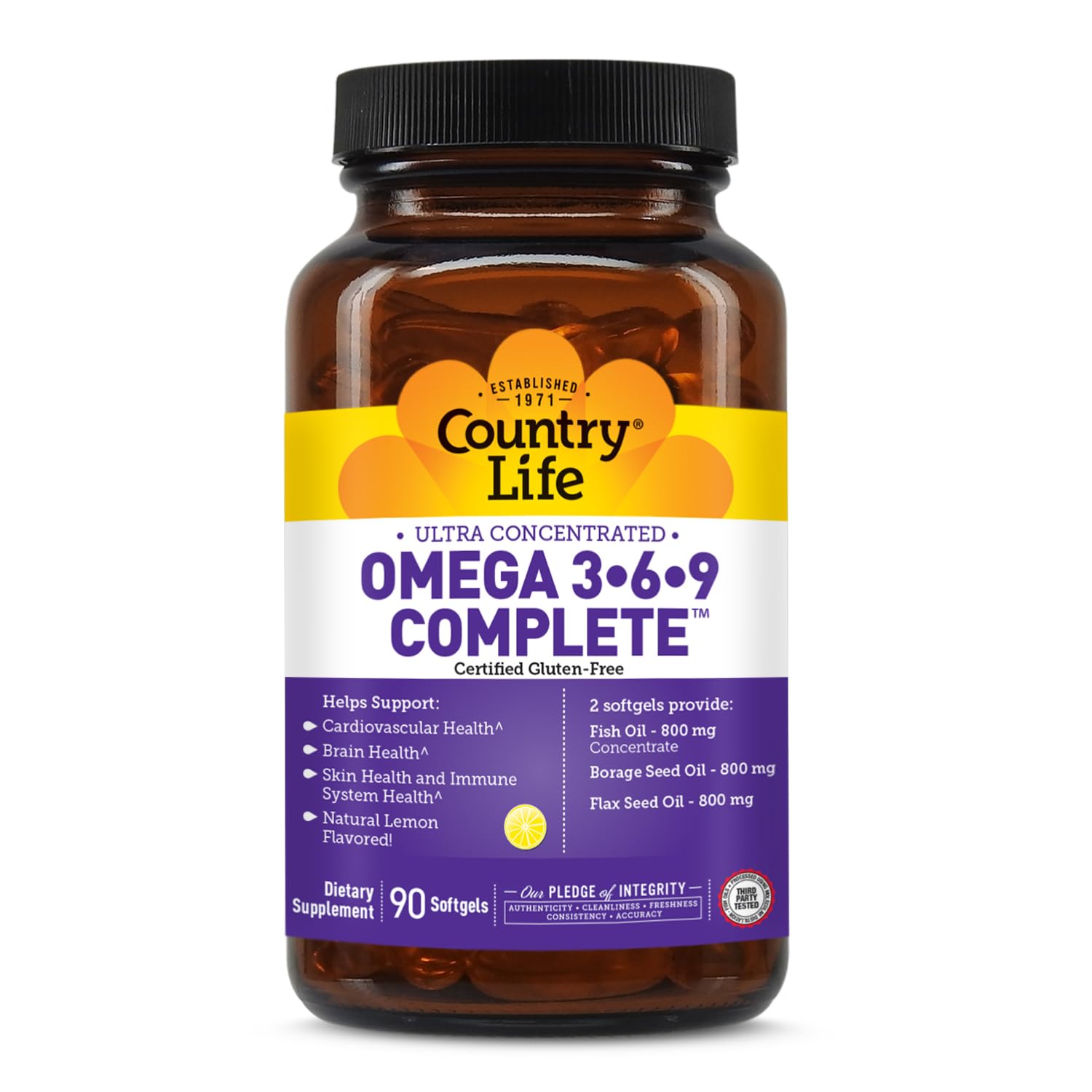 Country Life Omega 3-6-9 bottle with lemon flavor supports daily cardiovascular and cognitive wellness.